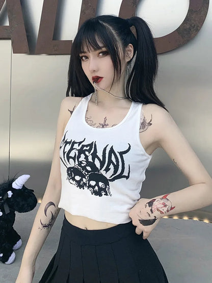 TAMBREET Harajuku Punk Goth Sexy Crop Tops Women's Summer Mujer 90s Grunge Graphic Skull Print Tops Fashion Sleeveless Slim Vest Tank Top