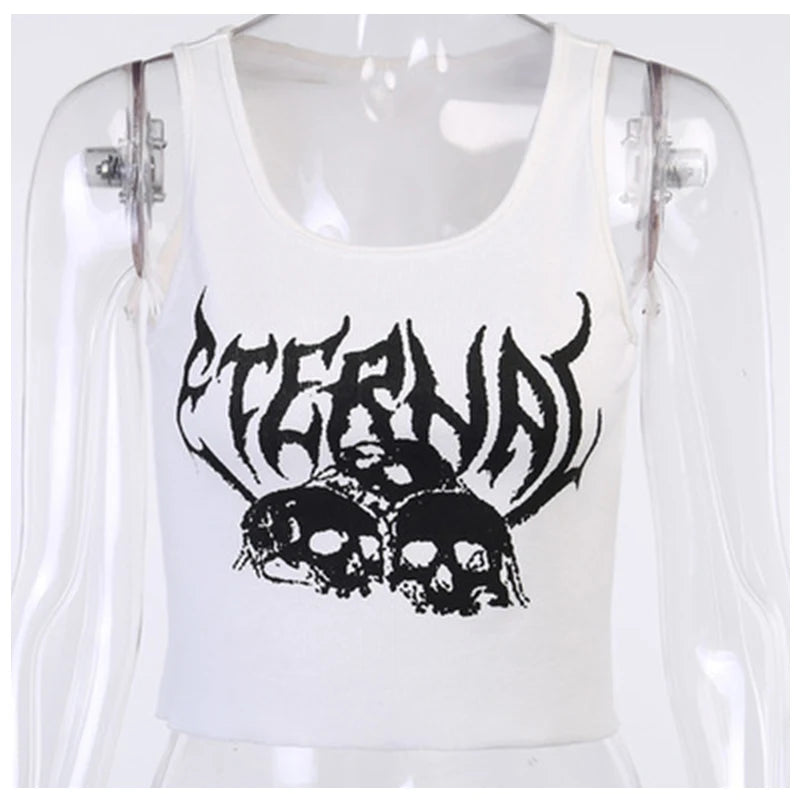 TAMBREET Harajuku Punk Goth Sexy Crop Tops Women's Summer Mujer 90s Grunge Graphic Skull Print Tops Fashion Sleeveless Slim Vest Tank Top