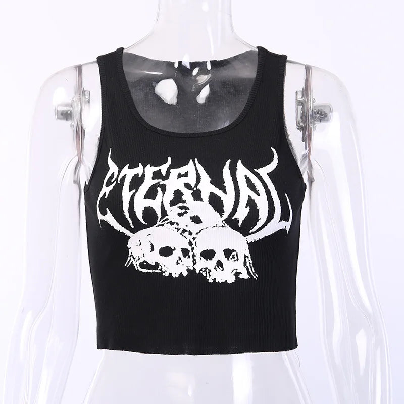 TAMBREET Harajuku Punk Goth Sexy Crop Tops Women's Summer Mujer 90s Grunge Graphic Skull Print Tops Fashion Sleeveless Slim Vest Tank Top