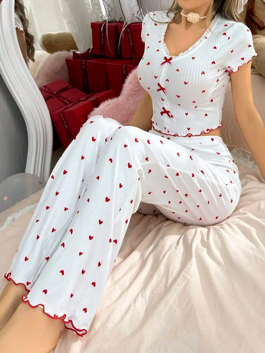 TAMBREET Heart Print Ribbed Frill Trim Women'S Pajama Set Knitted V-Neck Loose Tops Autumn Elastic Long Pants Sleepwears Vintag