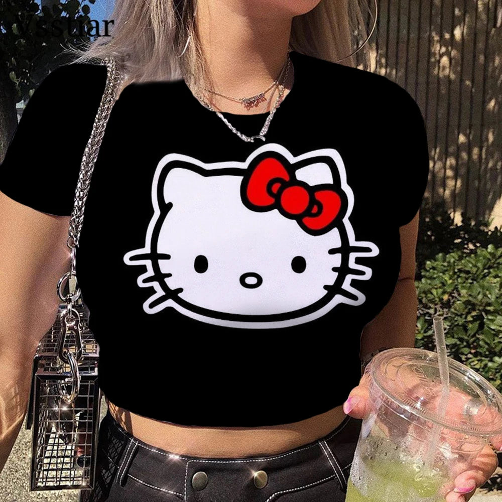 TAMBREET Hello Kitty Sweet Purple Short Sleeve Women Casual T Shirts Basic O Neck All Match Crop Top Soft Bodycon Korean Fashion Tees