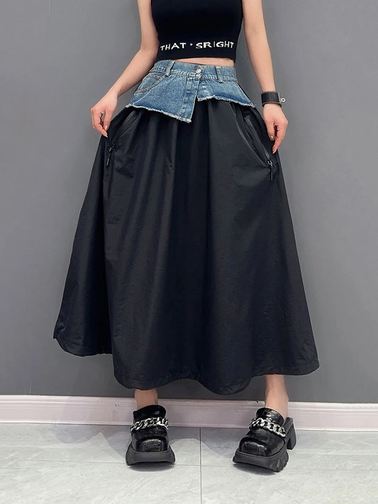 TAMBREET  High Elastic Waist Green Denim Irregular Casual A-line Half-body Skirt Women Fashion Tide New Spring Autumn 2024