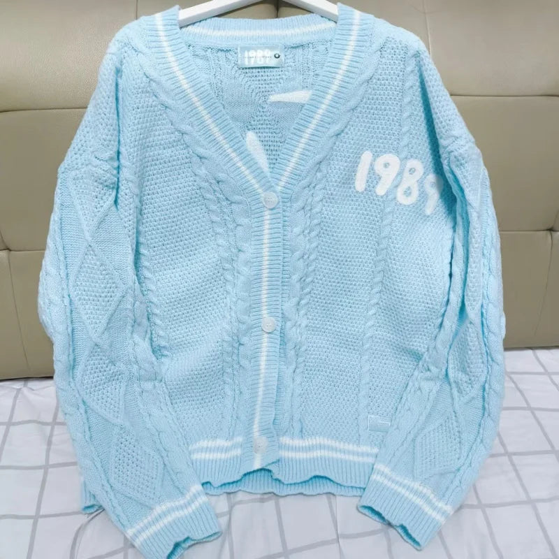 TAMBREET High Quality Blue Neckline Letter 1989 Special Knit Ladies Bird Embroidery 1989 Taylors Cardigan Slouchy Style Vintage Sweater