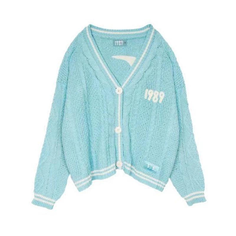 TAMBREET High Quality Blue Neckline Letter 1989 Special Knit Ladies Bird Embroidery 1989 Taylors Cardigan Slouchy Style Vintage Sweater