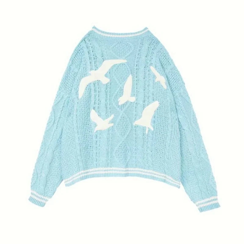 TAMBREET High Quality Blue Neckline Letter 1989 Special Knit Ladies Bird Embroidery 1989 Taylors Cardigan Slouchy Style Vintage Sweater