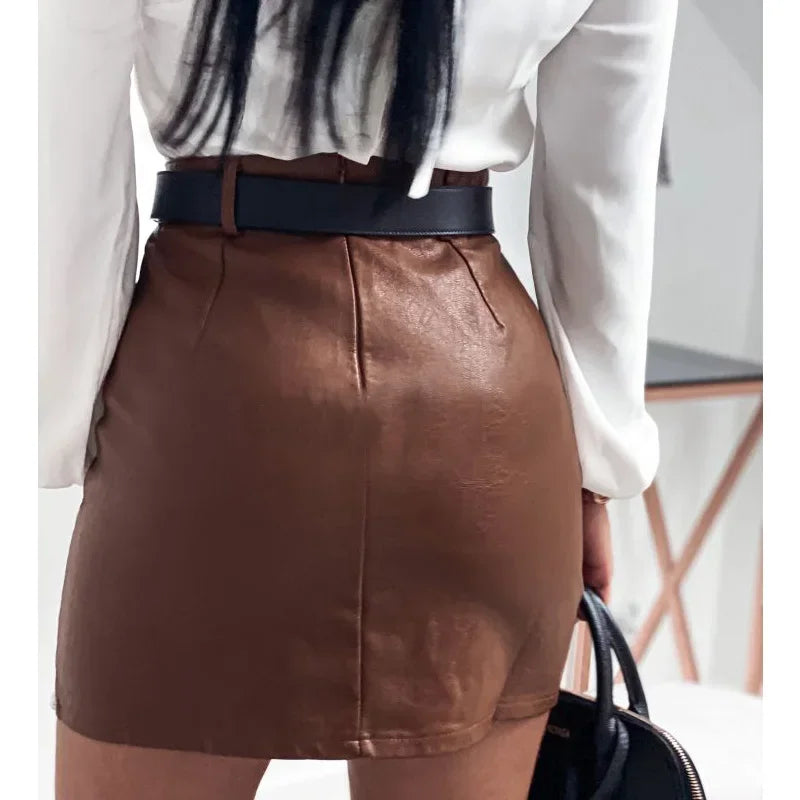 TAMBREET High Waist PU Faux Leather Women Skirt Rhinestone Elengant High Waist Leather Pencil Mini Length Skirt Pearl Chic Streetwear