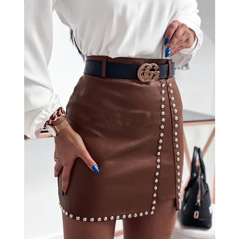 TAMBREET High Waist PU Faux Leather Women Skirt Rhinestone Elengant High Waist Leather Pencil Mini Length Skirt Pearl Chic Streetwear