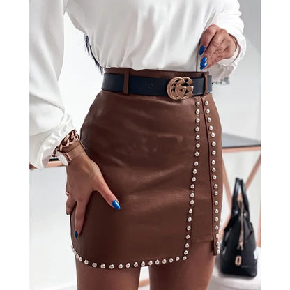 TAMBREET High Waist PU Faux Leather Women Skirt Rhinestone Elengant High Waist Leather Pencil Mini Length Skirt Pearl Chic Streetwear