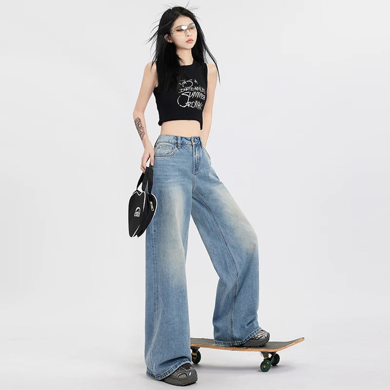 TAMBREET High Waisted Jeans Women Streetwear Denim Pants 2024 Y2k Wide Leg Pants Casual Trousers Korean Style Fashion Straight Jeans