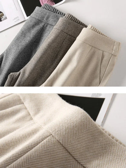 TAMBREET High-waisted Woolen Pants Women's Autumn Winter New Elastic Waist Apricot Casual Pants Women's Herringbone Thickened Harem Pants