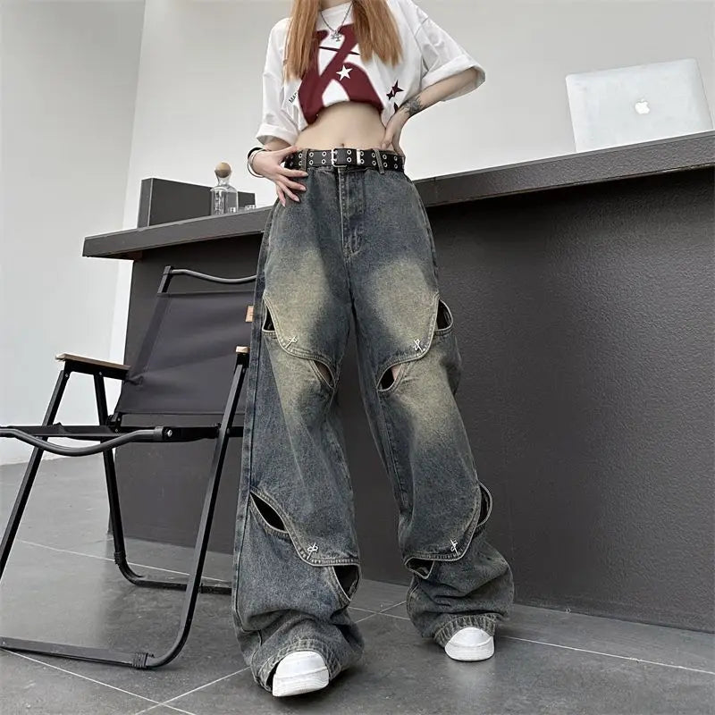 TAMBREET Hip Hop American Men and Women Trendy Summer Personalized Hollow Straight Leg Wide Leg Jeans Street Retro Loose Casual Pants