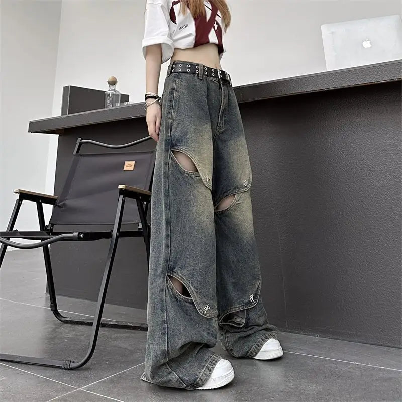 TAMBREET Hip Hop American Men and Women Trendy Summer Personalized Hollow Straight Leg Wide Leg Jeans Street Retro Loose Casual Pants