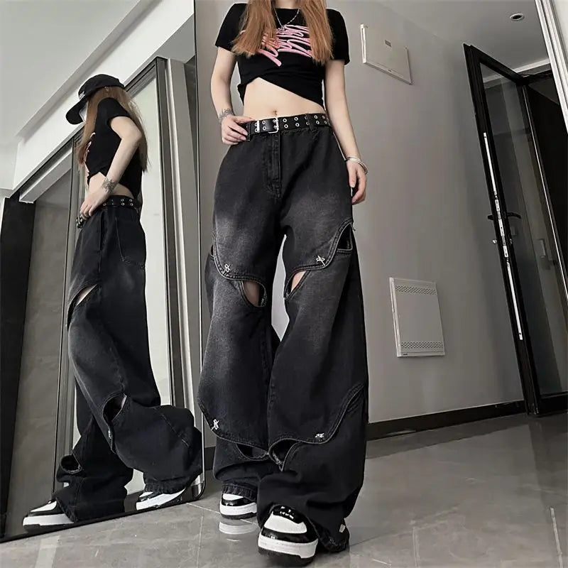 TAMBREET Hip Hop American Men and Women Trendy Summer Personalized Hollow Straight Leg Wide Leg Jeans Street Retro Loose Casual Pants