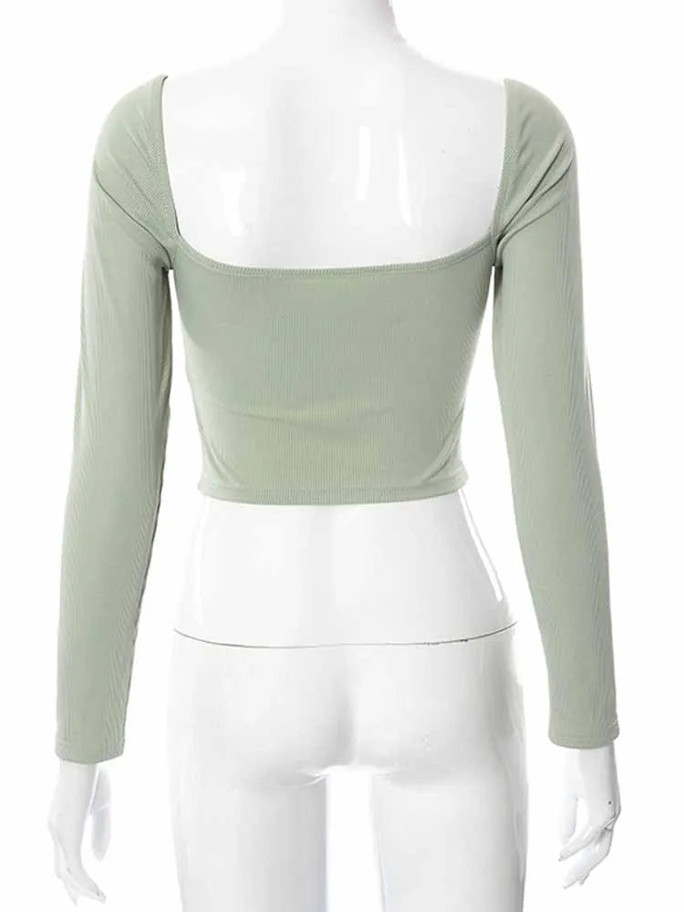 TAMBREET Hollow-Out V-neck Long Sleeve Crop Tops Spring Fall Casual Fashion Women Square Collar Slim Ribbed T-Shirts Backless Tee