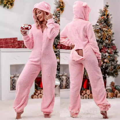 TAMBREET Homewear Pajamas Jumpsuits Women Autumn Winter Long-sleeved Hooded Trousers Rompers Plush Loungewear Pajamas Jumpsuit Outfits