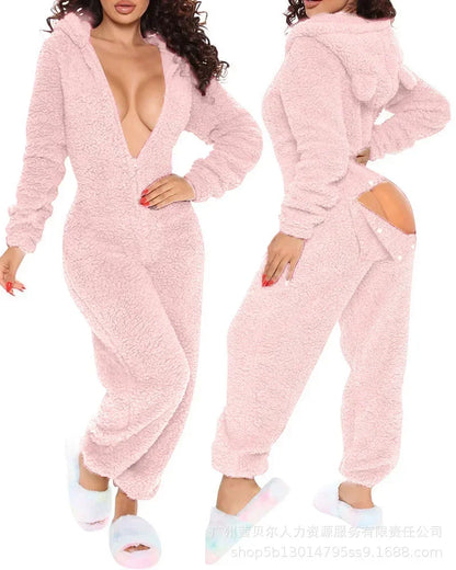 TAMBREET Homewear Pajamas Jumpsuits Women Autumn Winter Long-sleeved Hooded Trousers Rompers Plush Loungewear Pajamas Jumpsuit Outfits