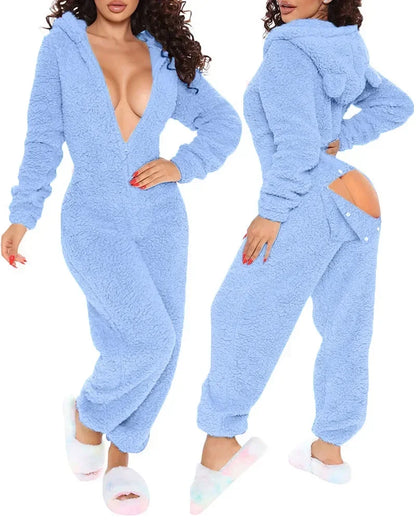 TAMBREET Homewear Pajamas Jumpsuits Women Autumn Winter Long-sleeved Hooded Trousers Rompers Plush Loungewear Pajamas Jumpsuit Outfits