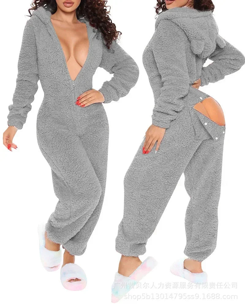 TAMBREET Homewear Pajamas Jumpsuits Women Autumn Winter Long-sleeved Hooded Trousers Rompers Plush Loungewear Pajamas Jumpsuit Outfits