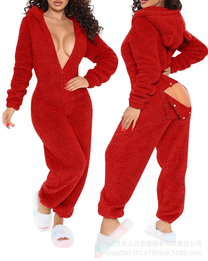 TAMBREET Homewear Pajamas Jumpsuits Women Autumn Winter Long-sleeved Hooded Trousers Rompers Plush Loungewear Pajamas Jumpsuit Outfits