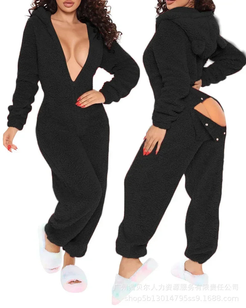 TAMBREET Homewear Pajamas Jumpsuits Women Autumn Winter Long-sleeved Hooded Trousers Rompers Plush Loungewear Pajamas Jumpsuit Outfits