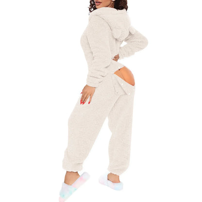 TAMBREET Homewear Pajamas Jumpsuits Women Autumn Winter Long-sleeved Hooded Trousers Rompers Plush Loungewear Pajamas Jumpsuit Outfits