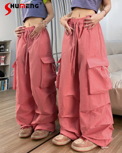 TAMBREET Hot Girl Hiphop Pants for Women Baggy Overalls Female Streetwear American Retro Dance Pleated Ankle Banded Trousers Feminina