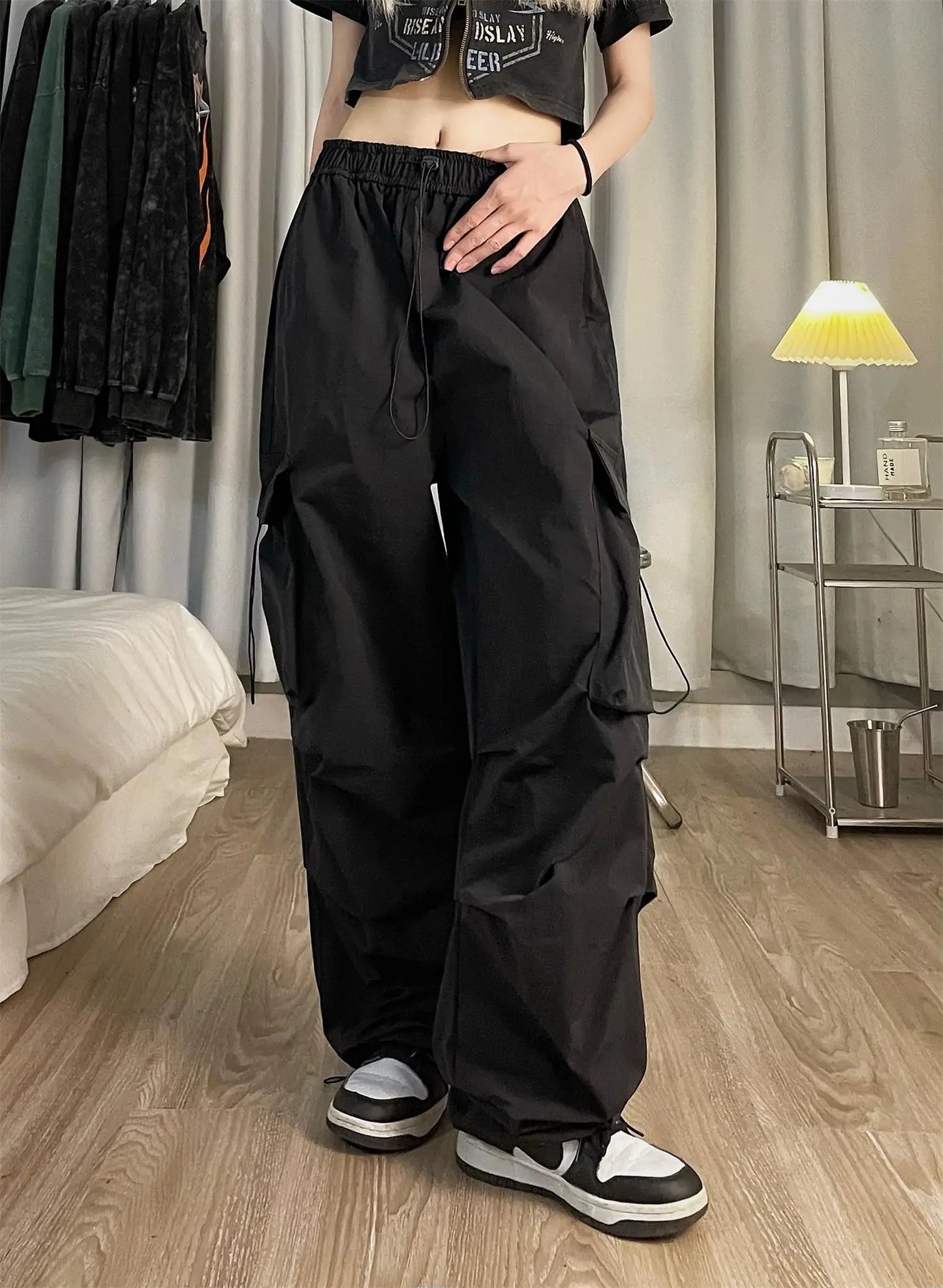 TAMBREET Hot Girl Hiphop Pants for Women Baggy Overalls Female Streetwear American Retro Dance Pleated Ankle Banded Trousers Feminina