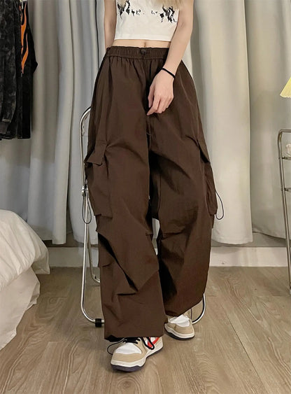 TAMBREET Hot Girl Hiphop Pants for Women Baggy Overalls Female Streetwear American Retro Dance Pleated Ankle Banded Trousers Feminina