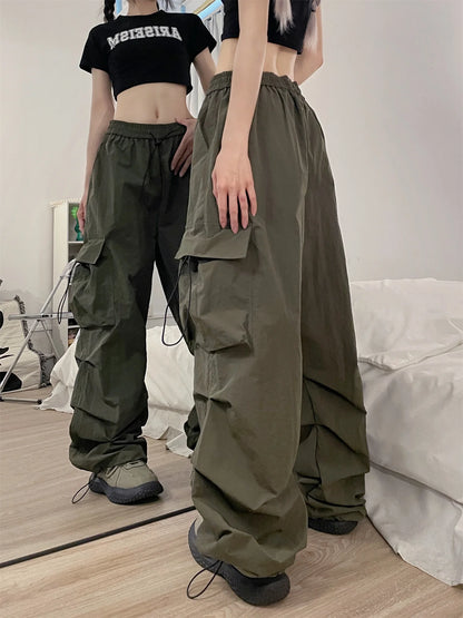 TAMBREET Hot Girl Hiphop Pants for Women Baggy Overalls Female Streetwear American Retro Dance Pleated Ankle Banded Trousers Feminina