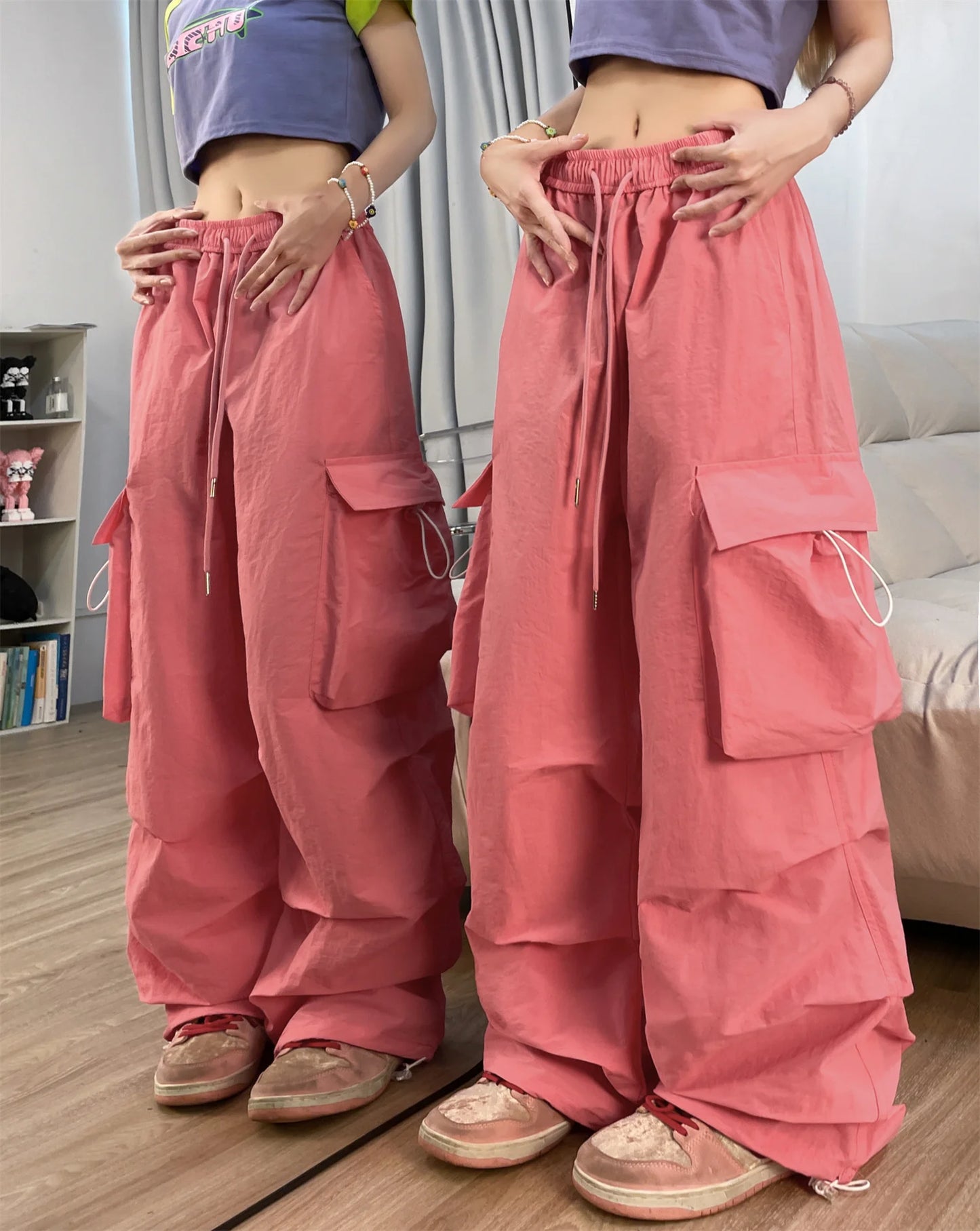 TAMBREET Hot Girl Hiphop Pants for Women Baggy Overalls Female Streetwear American Retro Dance Pleated Ankle Banded Trousers Feminina