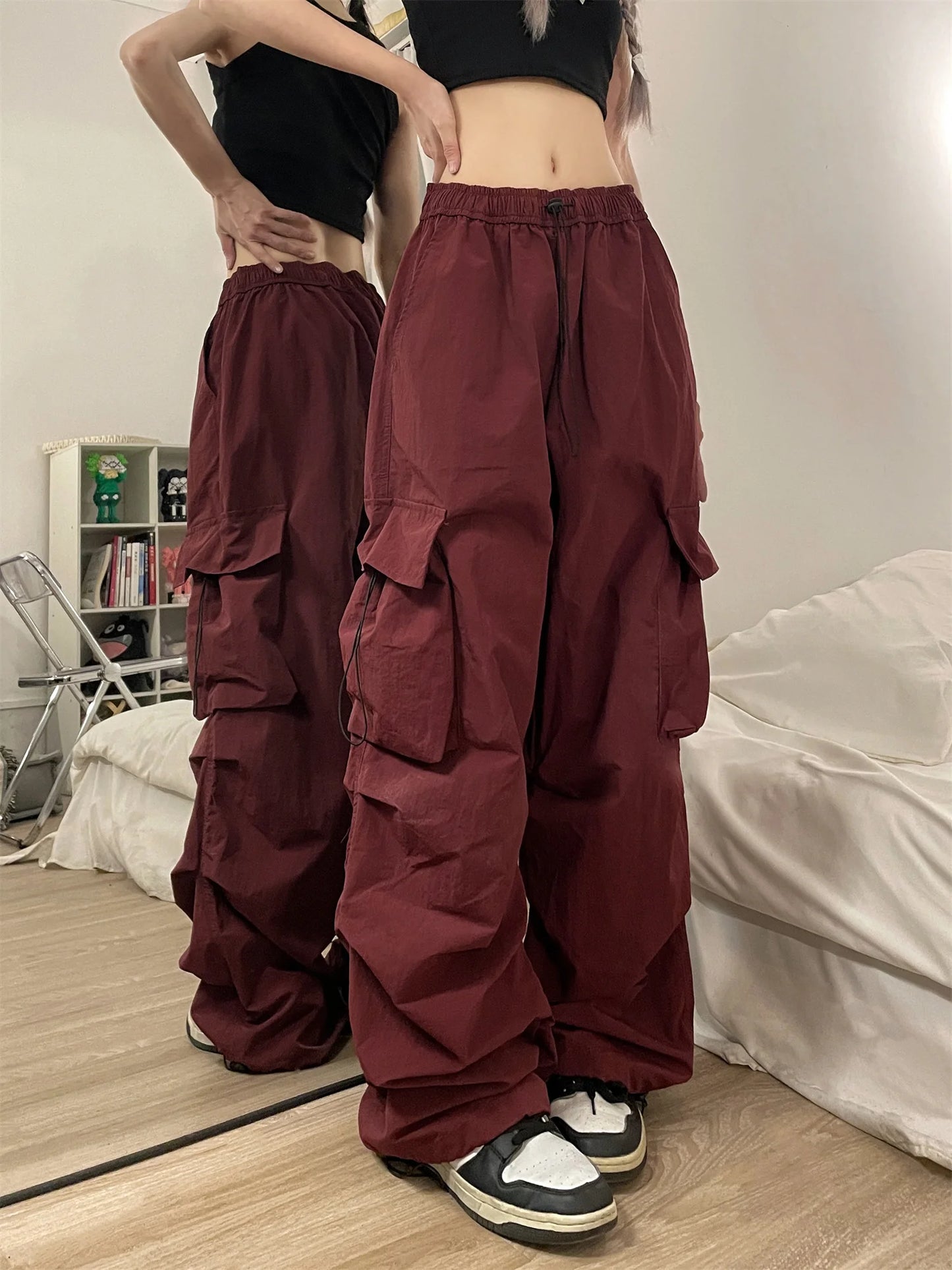 TAMBREET Hot Girl Hiphop Pants for Women Baggy Overalls Female Streetwear American Retro Dance Pleated Ankle Banded Trousers Feminina