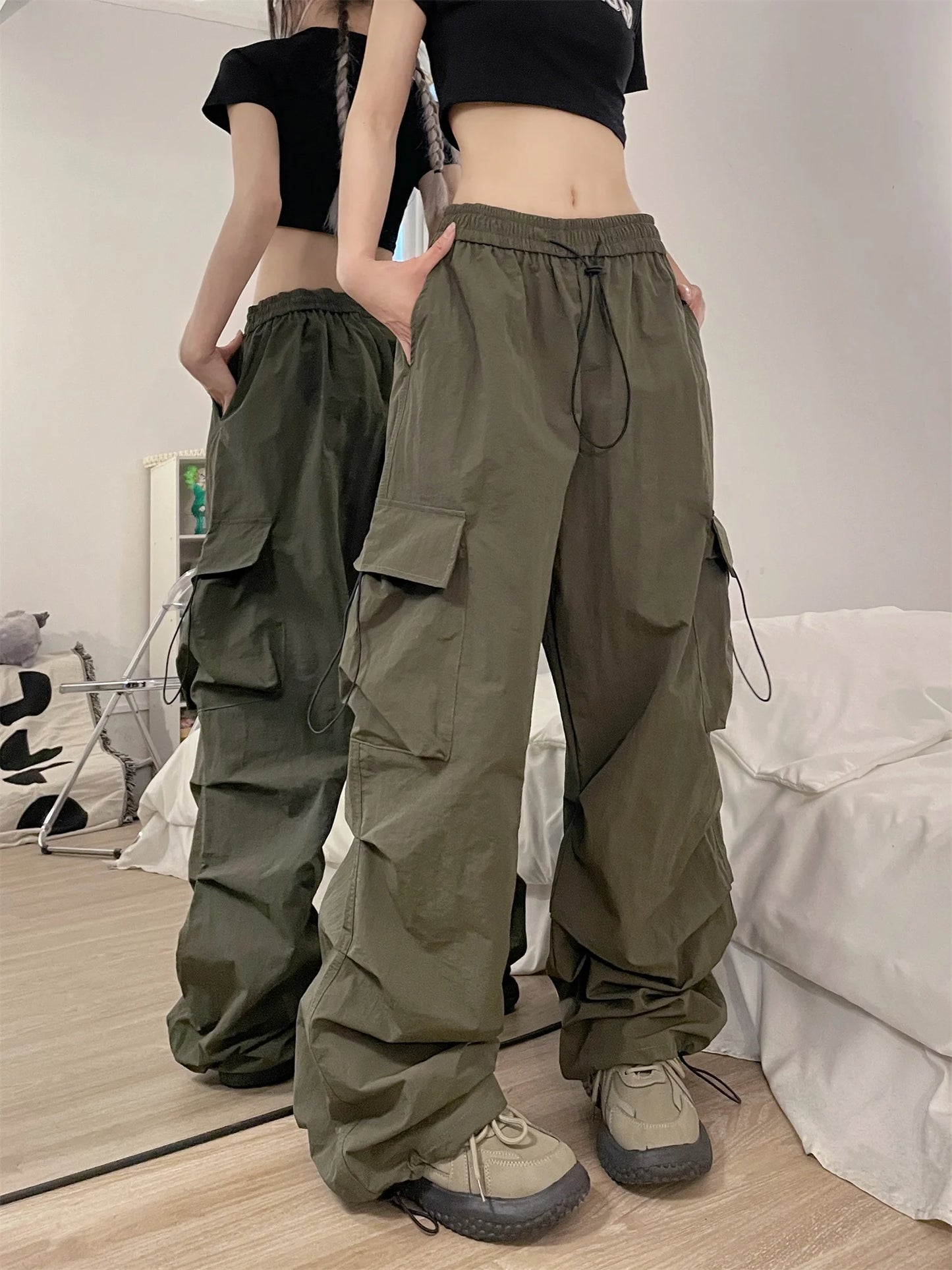 TAMBREET Hot Girl Hiphop Pants for Women Baggy Overalls Female Streetwear American Retro Dance Pleated Ankle Banded Trousers Feminina