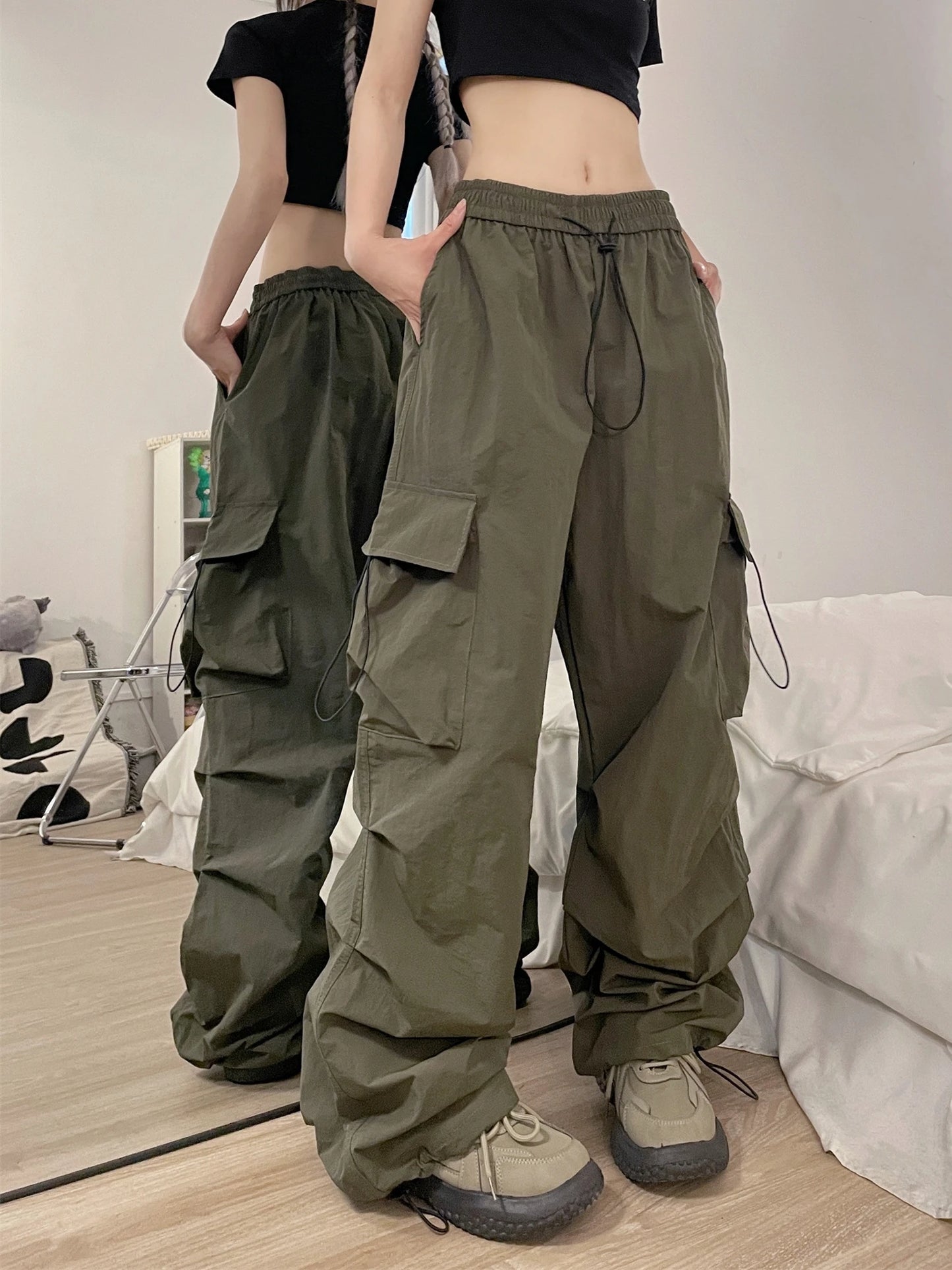 TAMBREET Hot Girl Hiphop Pants for Women Baggy Overalls Female Streetwear American Retro Dance Pleated Ankle Banded Trousers Feminina