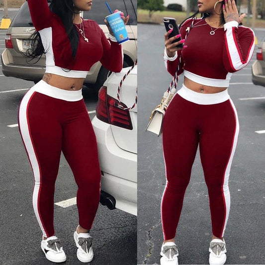 TAMBREET Hot Sale Autumn Spring Women Two Pieces Casual Tracksuit Side-striped Crop Tops Ankle-length Pants Sportwear Set NEW S-XL