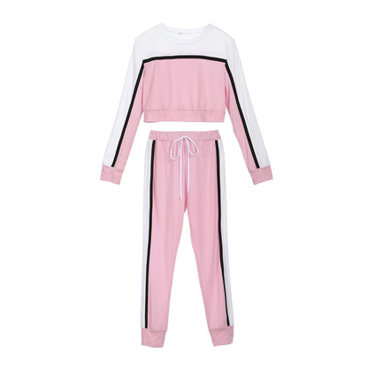 TAMBREET Hot Sale Autumn Spring Women Two Pieces Casual Tracksuit Side-striped Crop Tops Ankle-length Pants Sportwear Set NEW S-XL