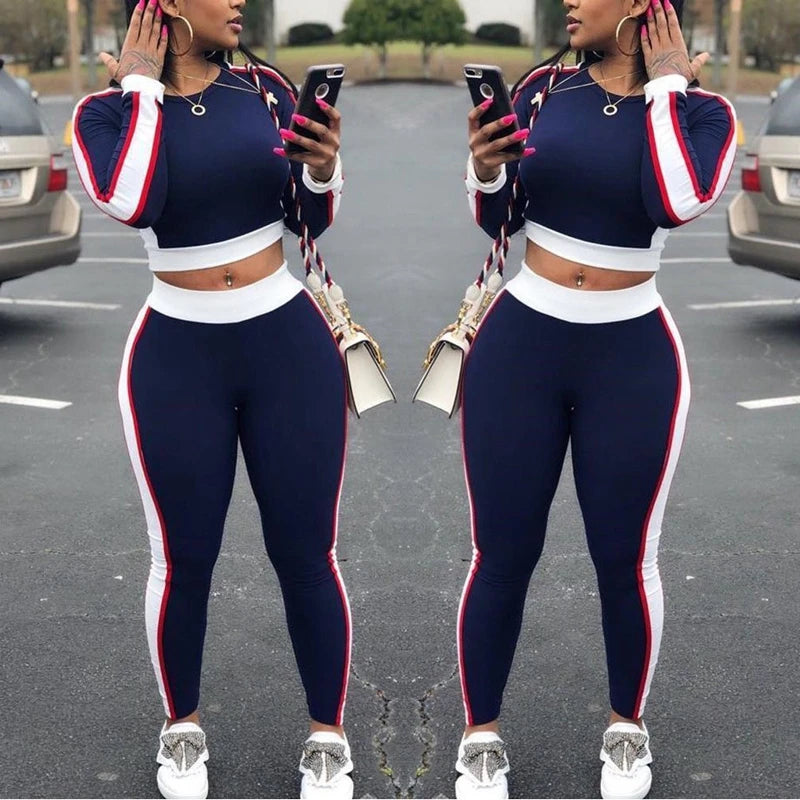 TAMBREET Hot Sale Autumn Spring Women Two Pieces Casual Tracksuit Side-striped Crop Tops Ankle-length Pants Sportwear Set NEW S-XL