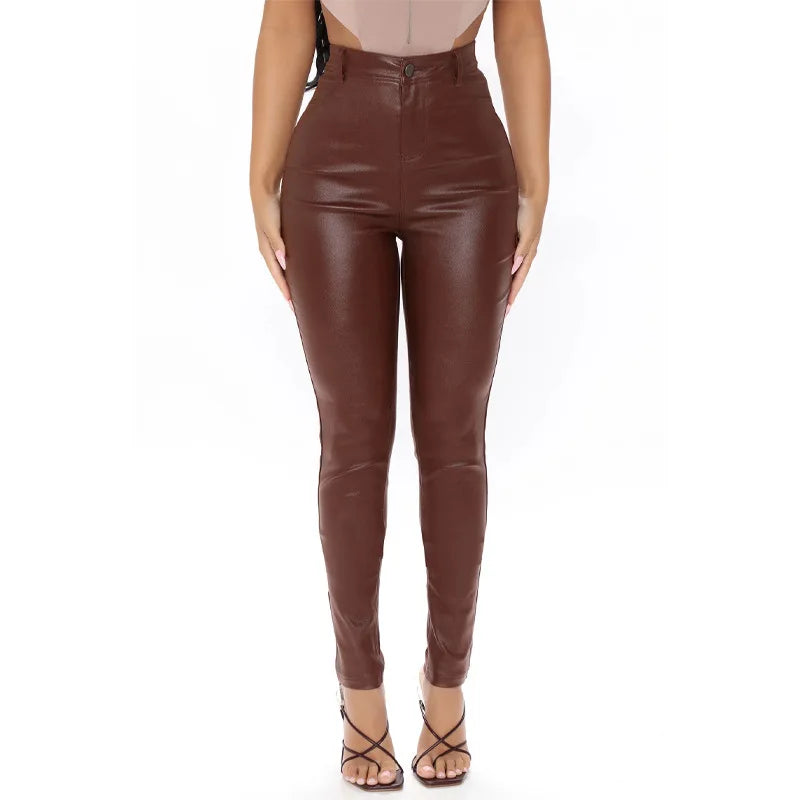 TAMBREET Hot Sale Black and Brown Women PU Leather Pants High Waist Slim Skinny Pencil Pants High Stretch Trousers XS-2XL