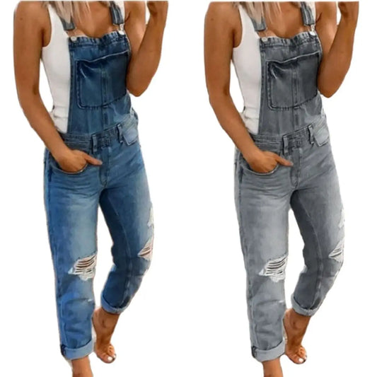 TAMBREET Hot Sale Suspenders Denim Jumpsuit For Women Fashion Ripped Jeans Jumpsuit Casual Female Clothing S-3XL Drop Shipping