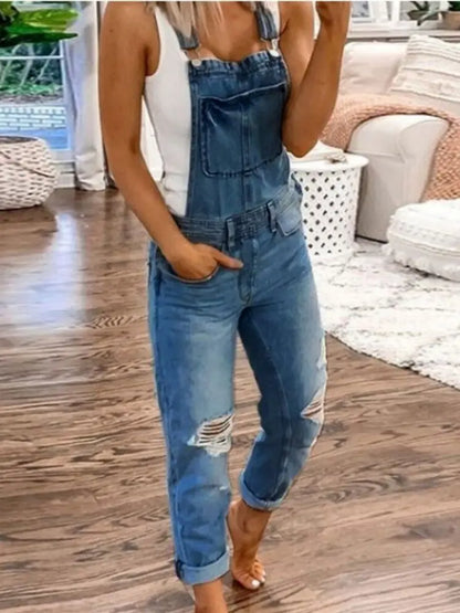 TAMBREET Hot Sale Suspenders Denim Jumpsuit For Women Fashion Ripped Jeans Jumpsuit Casual Female Clothing S-3XL Drop Shipping