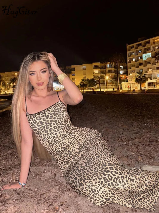 TAMBREET Hugcitar 2024 Fashion Leopard Print Slips Backless Sexy Bodycon Maxi Dress Summer Women Casual Clothes Beach Party Vacation Club