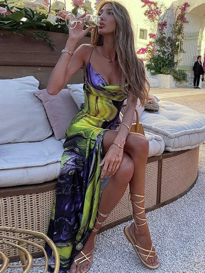 TAMBREET Hugcitar Sexy Y2K Clothes Tie Dye Print  Backless Side Slit Bodycon Maxi Dress For Women 2024 Outfits Club Party