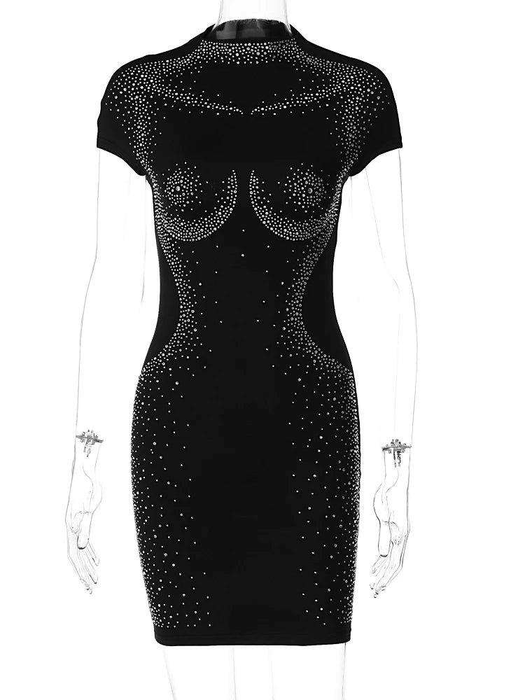 TAMBREET Hugcitar Shine Sequined Black Short Sleeve Elegant Sexy Bodycon Mini Prom Dress Summer Women Fashion Outfit Evening Party Club