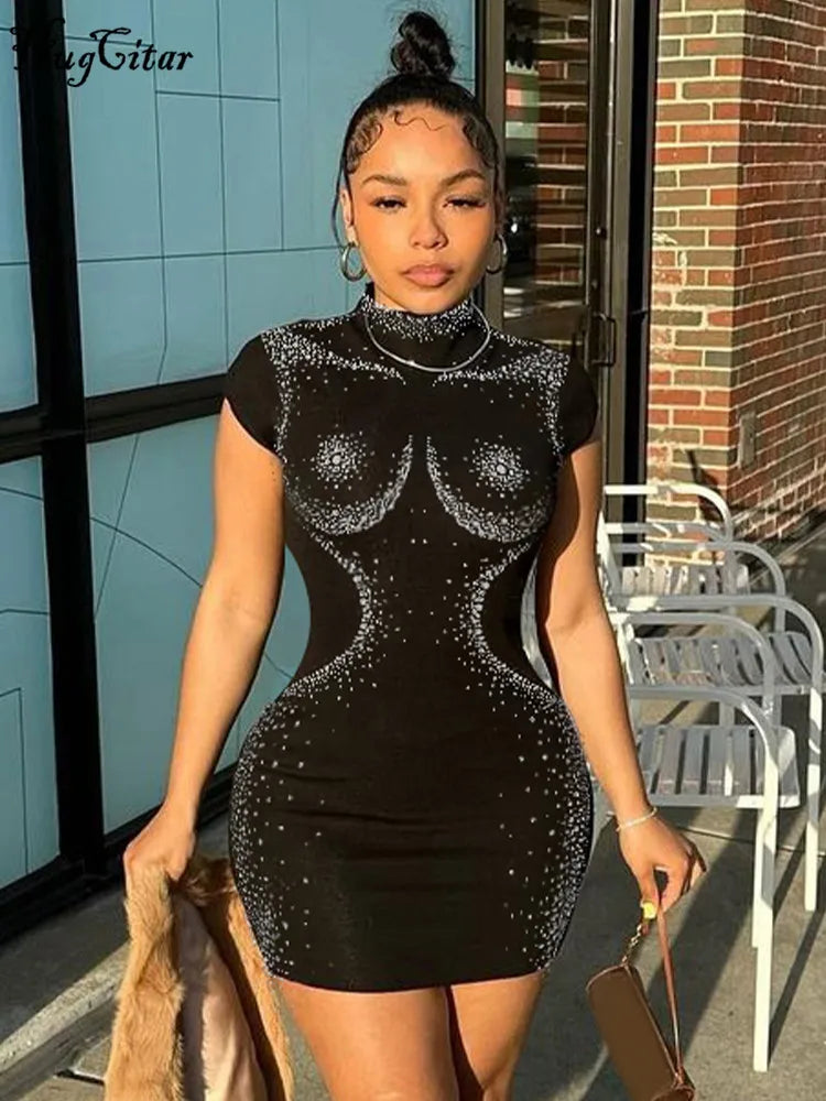 TAMBREET Hugcitar Shine Sequined Black Short Sleeve Elegant Sexy Bodycon Mini Prom Dress Summer Women Fashion Outfit Evening Party Club