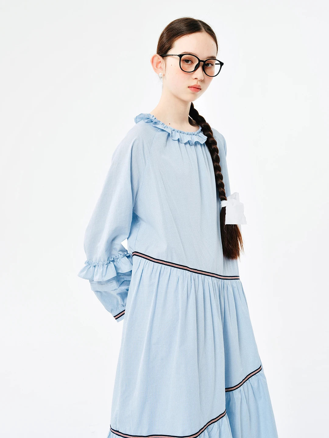 TAMBREET IMAKOKONI original design blue long-sleeved round neck pullover lace splicing mid-length dress 244520