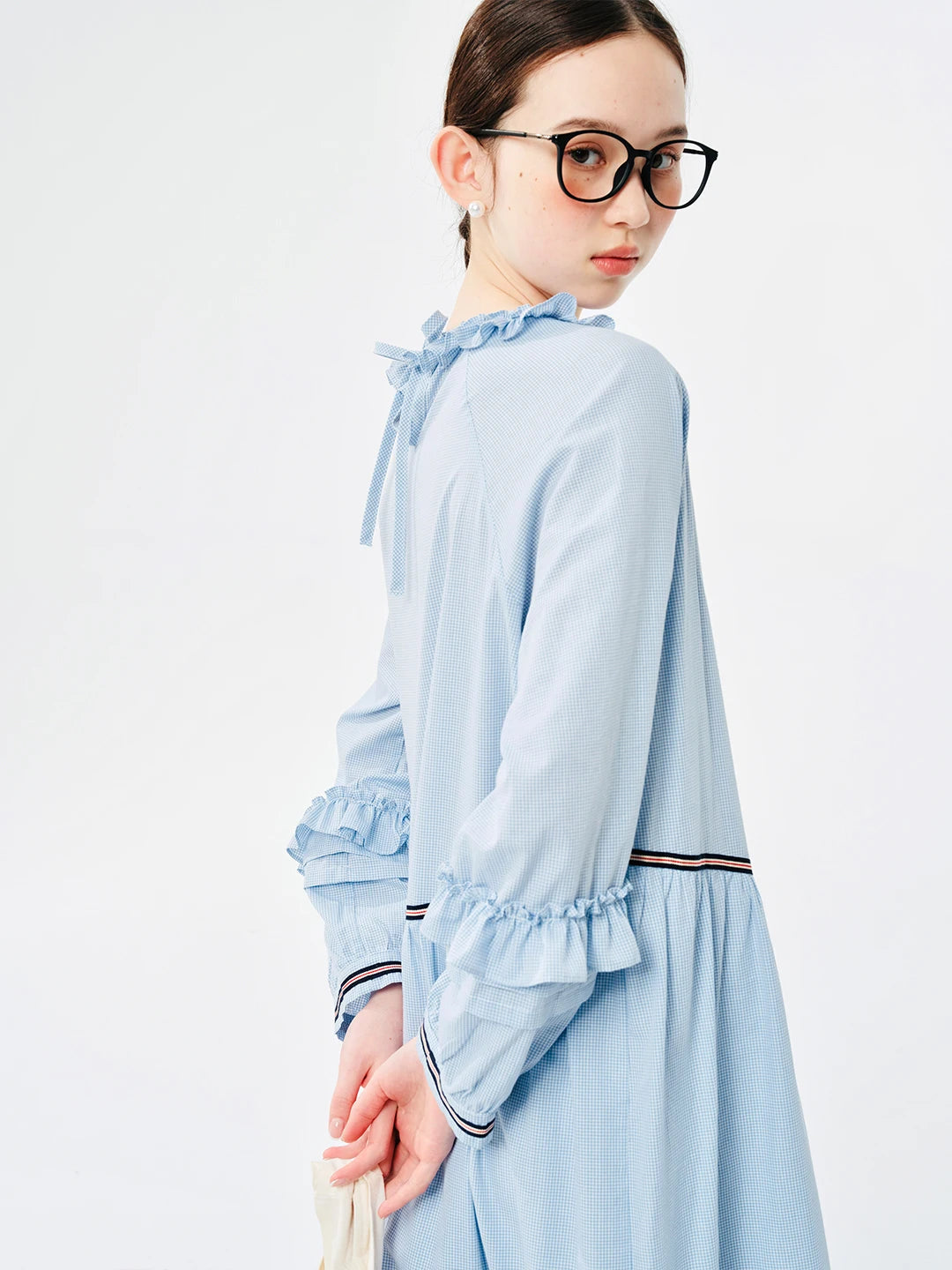 TAMBREET IMAKOKONI original design blue long-sleeved round neck pullover lace splicing mid-length dress 244520