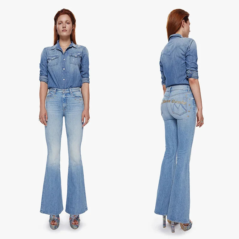 TAMBREET IOO 23 Summer New Blue Soft Super Stretch Thin Flared Pants Glitter Personality Unique Print Denim Pants High Quality Free Ship