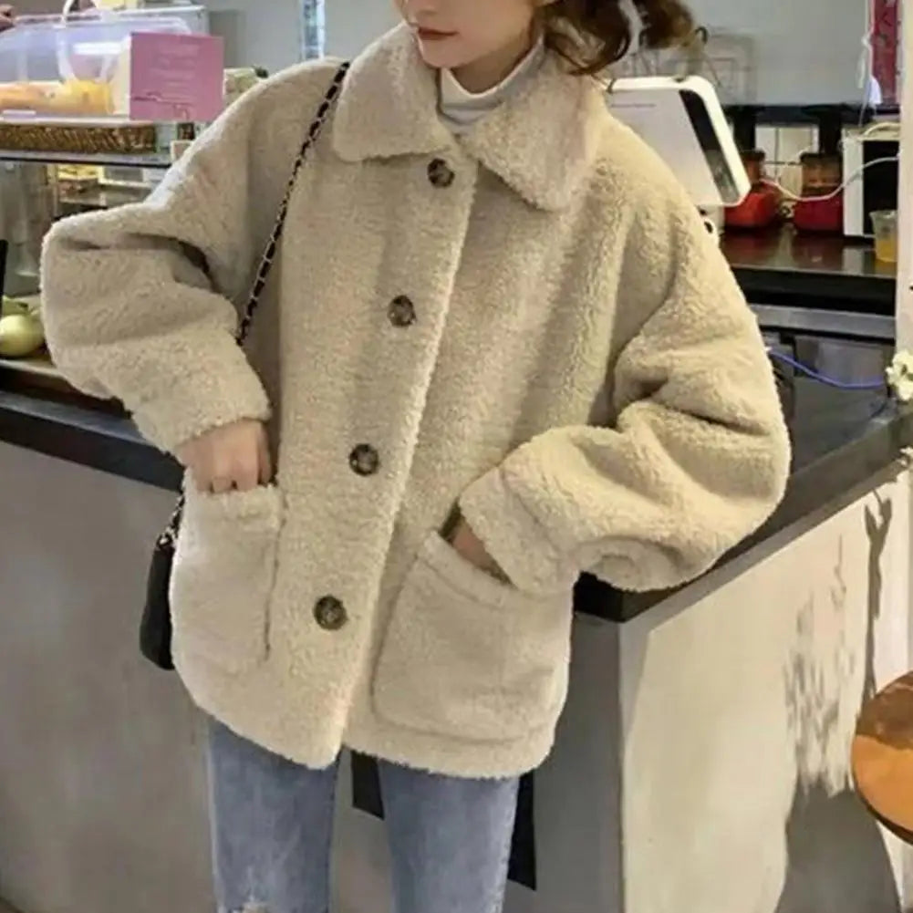 TAMBREET Imitation Sherpa Jacket Women Loose Coat Stylish Turn-down Collar Winter Coat with Pockets Thick Fleece for Women