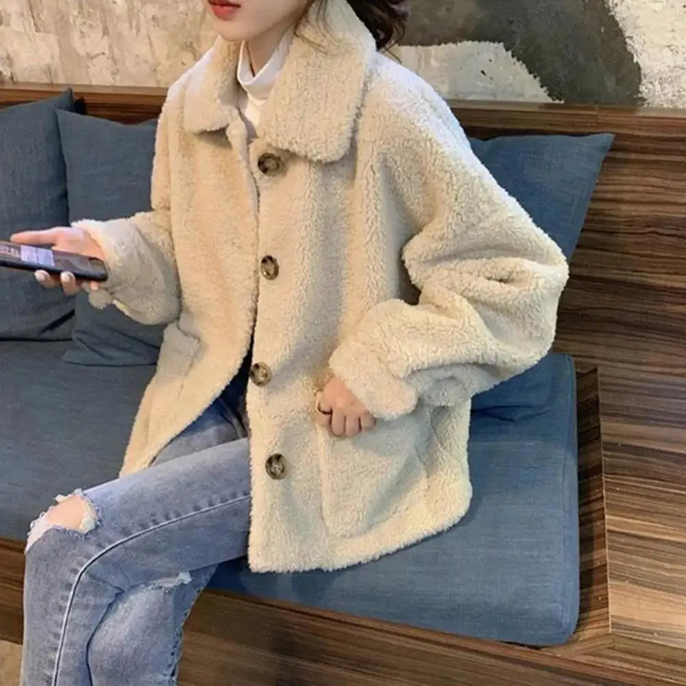 TAMBREET Imitation Sherpa Jacket Women Loose Coat Stylish Turn-down Collar Winter Coat with Pockets Thick Fleece for Women