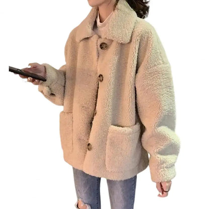 TAMBREET Imitation Sherpa Jacket Women Loose Coat Stylish Turn-down Collar Winter Coat with Pockets Thick Fleece for Women