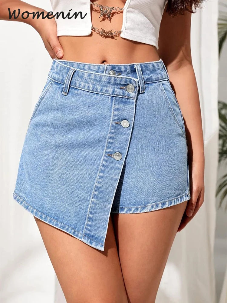 TAMBREET  Irregular Denim Shorts Skirt Women High Waist Button Pocket Mini Skirts 2024 Spring Summer Casual Solid Female Short Pants New